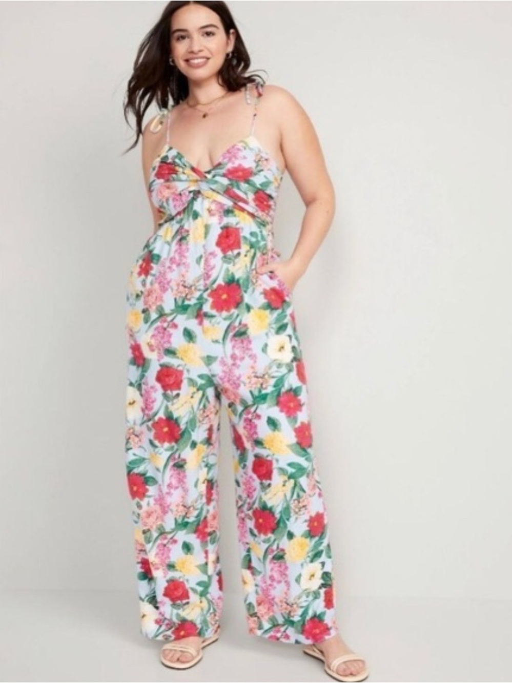 NWOT Old Navy Linen Blend Tropical Floral Twist Wide Leg Jumpsuit Medium